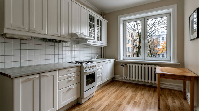 Post Soviet Style White Apartment Kitchen With Wooden Table