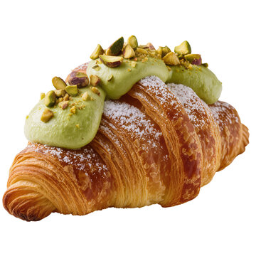 Isolated delectable French croissant pastry topped with rich pistachio cream and crunchy nuts