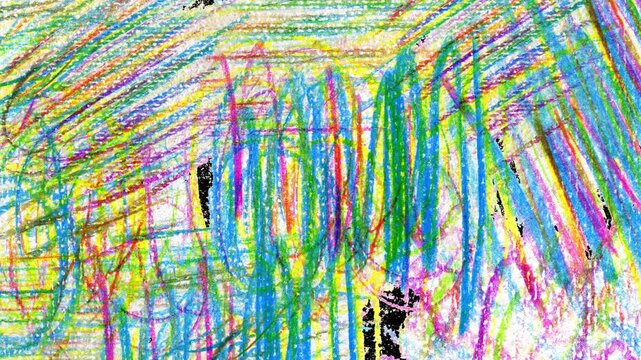 Multicolored crayon strokes expand outward with rapid texture shifts, building a bold visual cover. 
