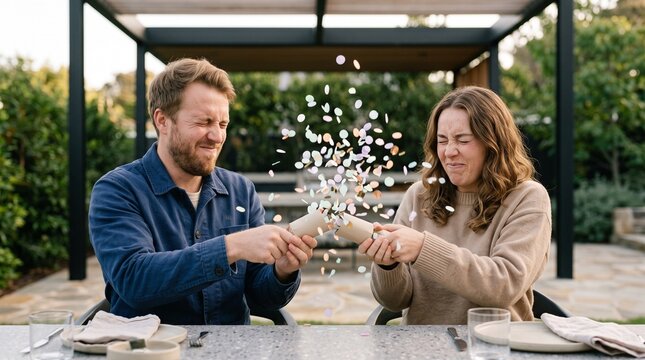 Young happy couple popping a confetti cracker at an outdoor dinner table.