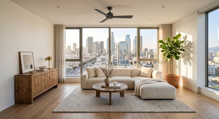Fototapeta premium Spacious sunlit penthouse living space with minimalist decor and urban cityscape