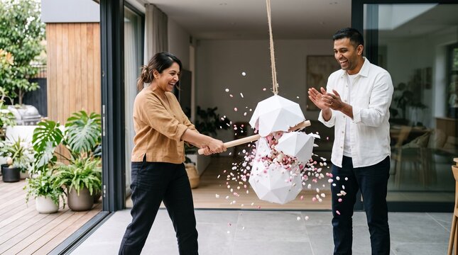 Diverse South Asian couple breaking a pinata during home celebration.