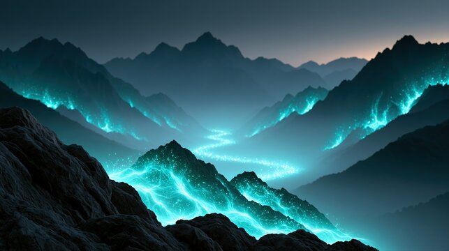 Mystical glowing mountains with a winding luminous path through a misty valley at twilight