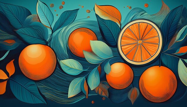 a blue and orange drawing of fruit and leaves the fruit includes oranges and an orange slice the leaves are green and the drawing has a light airy feel
