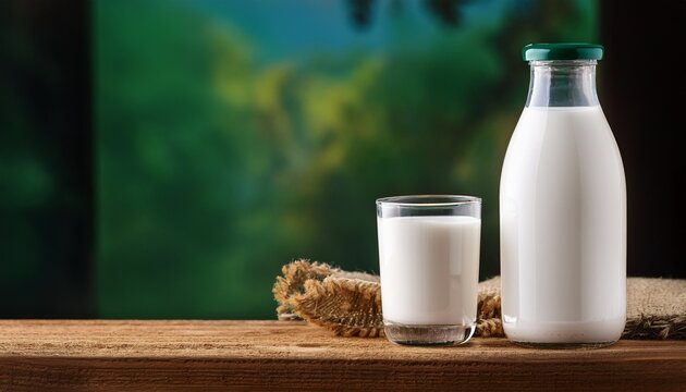 dairy products bottle with milk and glass of milk on wooden table