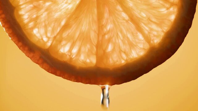 Juicy orange slice, fresh citrus fruit, orange juice dripping, vibrant yellow background