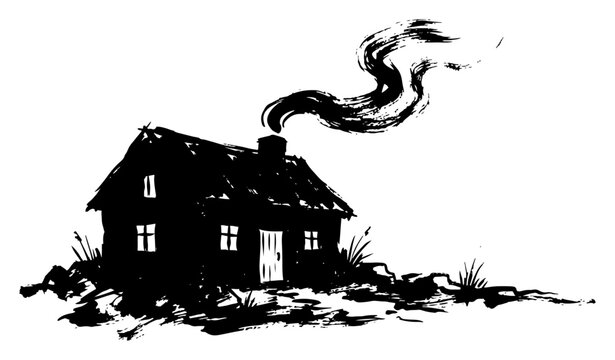 House with smoke rising from the chimney in hand drawn ink sketch style