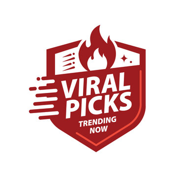 Red shield-shaped viral badge with flame and document icons on white background.