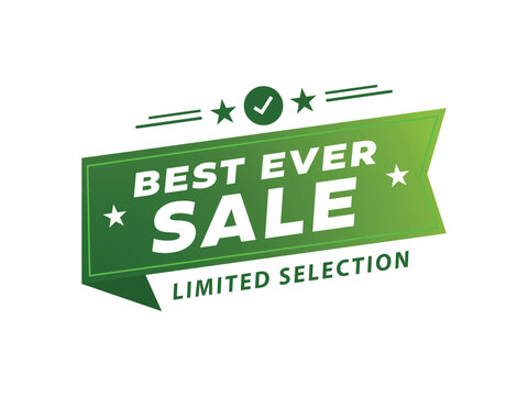 Green sale badge with white text and stars