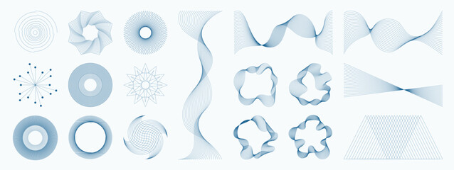 Fototapeta na wymiar Abstract geometric line art vector set. Minimal optical illusion shapes with circular patterns, moire lines and modern design elements.
