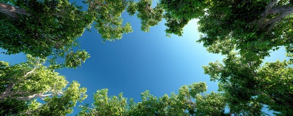 Fototapeta premium Looking up through vibrant green trees towards a clear, bright blue sky on a sunny day