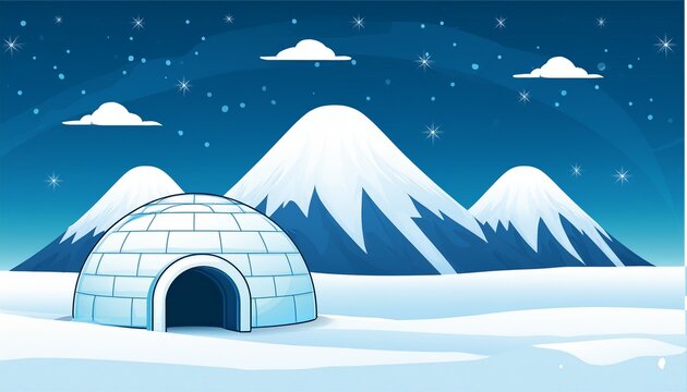 igloo isolated in snowfield with snowy mountain arctic landscape scene