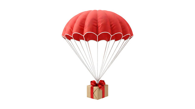 Red parachute with gift box falling from sky isolated on transparent background Ai Generated