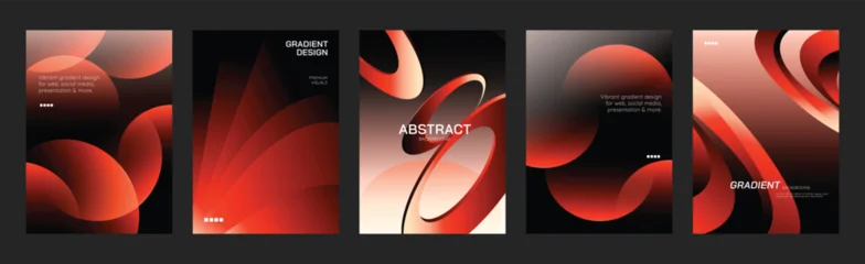 Abstract red black poster templates set. Vector modern gradient cover designs with circular waves, spiral vortex, light beams and folded geometric shapes © TWINS DESIGN STUDIO