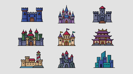 Collection of fantasy and real buildings icons © Masha