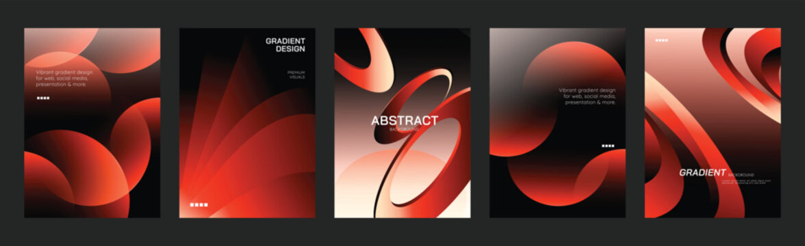 Abstract red black poster templates set. Vector modern gradient cover designs with circular waves, spiral vortex, light beams and folded geometric shapes