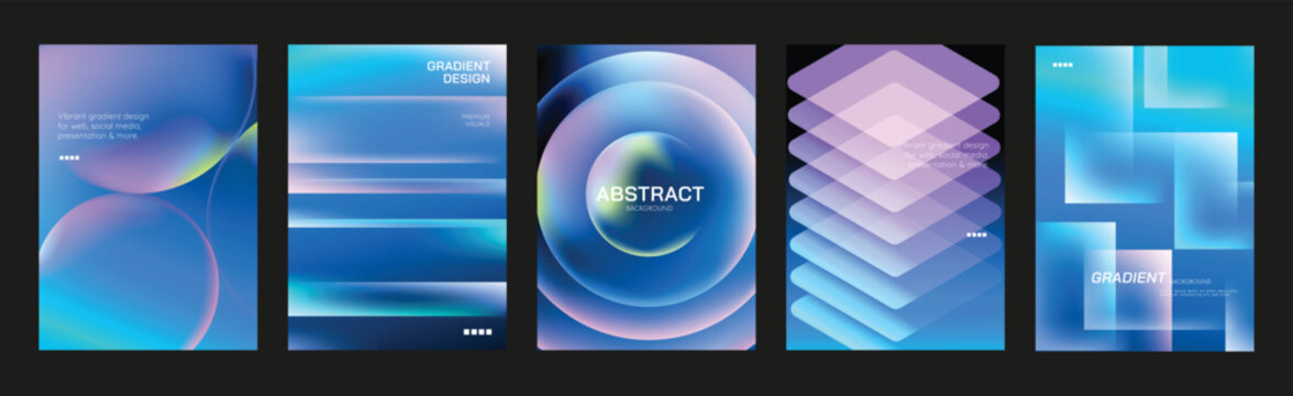 Blue gradient cover templates vector set. Abstract dark poster designs with glowing stripes, concentric rings and 3D spheres for flyer, brochure and presentation layout.