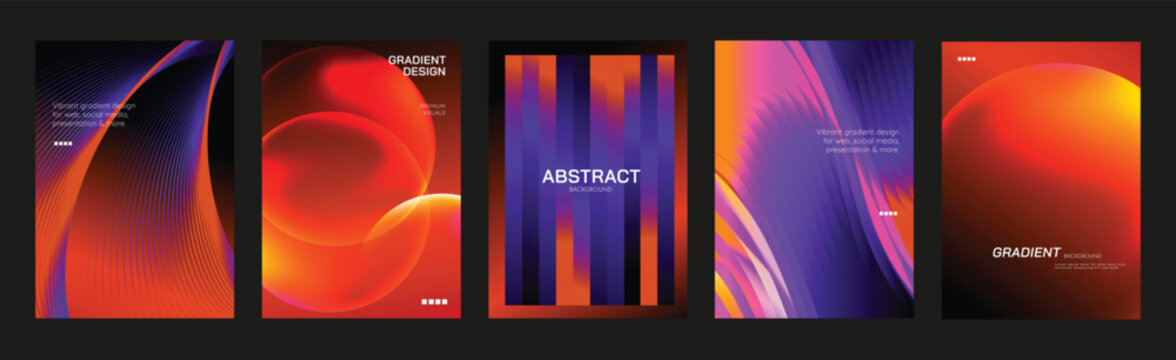 Abstract red black poster templates set. Vector modern gradient cover designs with circular waves, spiral vortex, light beams and folded geometric shapes