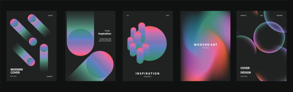 Abstract geometric poster templates set. Vector modern gradient cover designs with purple orange black shapes, vertical bars, dots, sunset lines and cube patterns