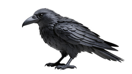 Fototapeta premium Isolated black raven bird with stylized dark feathers and powerful gaze on stand