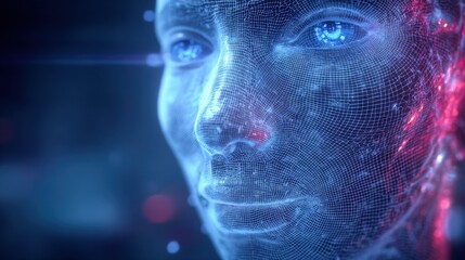 Naklejka premium Futuristic Digital Human Face Wireframe with Glowing Blue Eyes, Representing AI and Technology