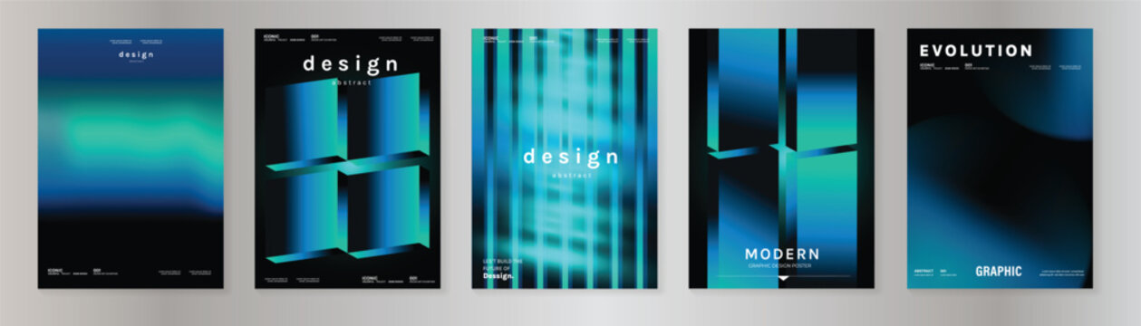 Neon geometric poster vector set. Purple blue gradient cover templates with futuristic 3D shapes for social media, flyer and event design.