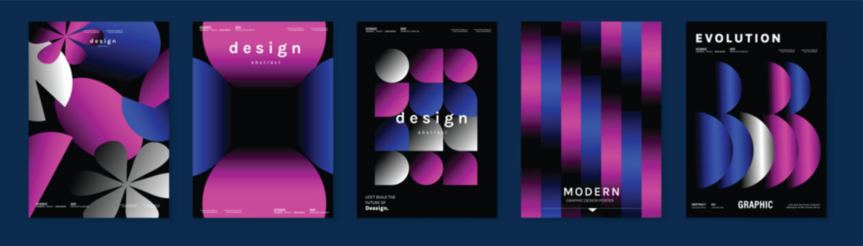 Abstract geometric poster templates set. Vector modern gradient cover designs with purple orange black shapes, vertical bars, dots, sunset lines and cube patterns