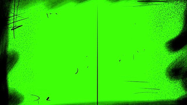 Animation of an old film strip with black scratches and vinting on a green screen.
