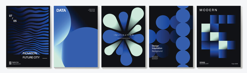 Abstract blue technology poster templates set. Vector modern gradient cover designs with teal light beams, vertical lines, geometric panels and dark backgrounds
