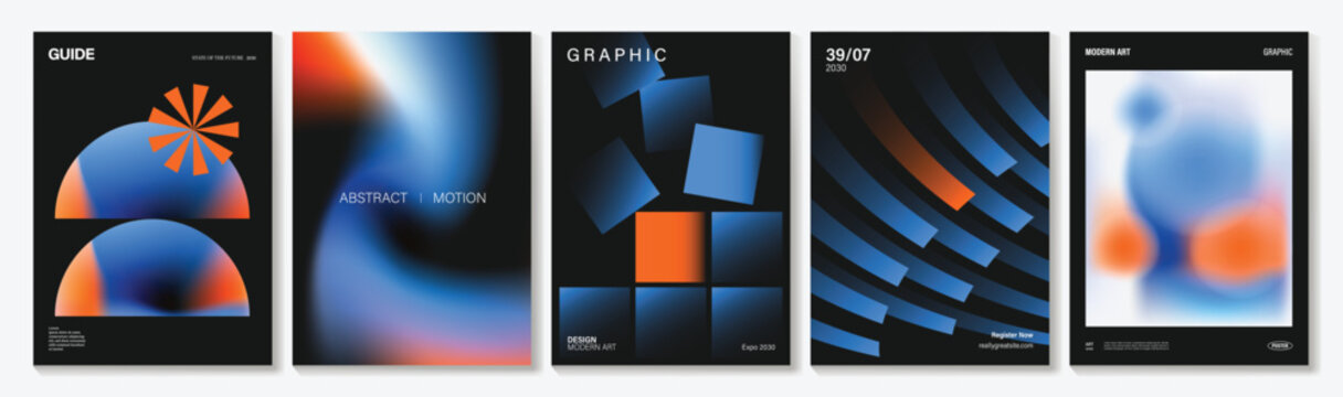 Abstract geometric poster templates set. Vector modern gradient cover designs with dark background, blue orange spheres, lines, circles and bold shapes