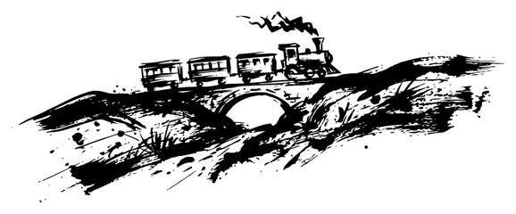Steam train crossing old stone bridge in expressive landscape ink sketch style © Logan