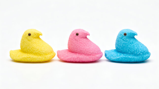 Colorful marshmallow easter peep candy chicks on white background