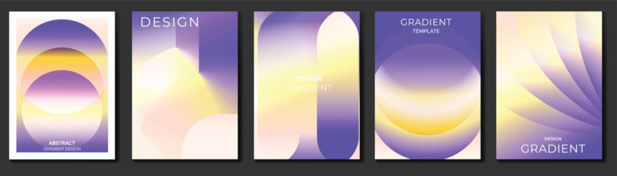 Abstract geometric poster templates set. Vector modern gradient cover designs with purple orange black shapes, vertical bars, dots, sunset lines and cube patterns