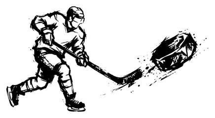 Ice hockey player shooting puck with stick in action pose hand drawn ink sketch style © Logan