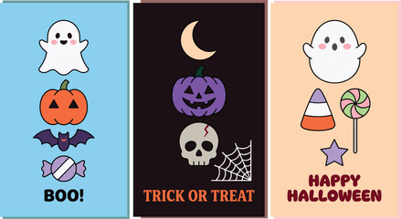 Fototapeta premium Halloween posters and bookmarks vector set with cute ghost, pumpkin, skull and trick or treat cards