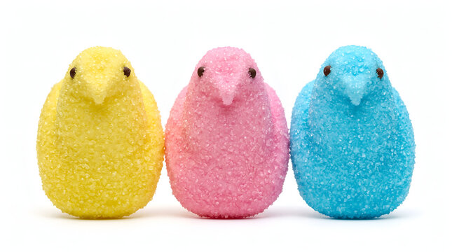 Easter peep marshmallow chicks in a row on white background