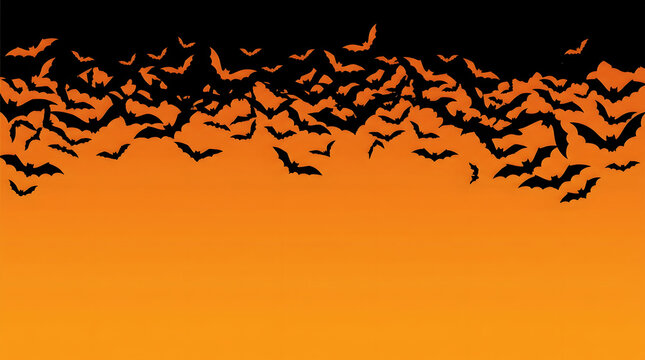 Swarm of black bats silhouettes flying against orange and black gradient background