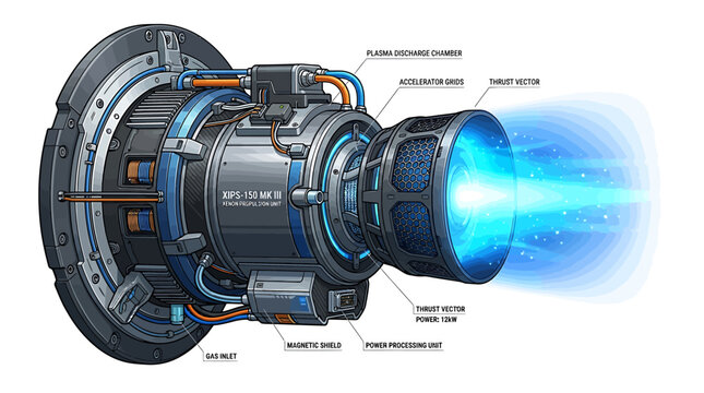 Advanced spacecraft ion thruster with blue plasma propulsion beam