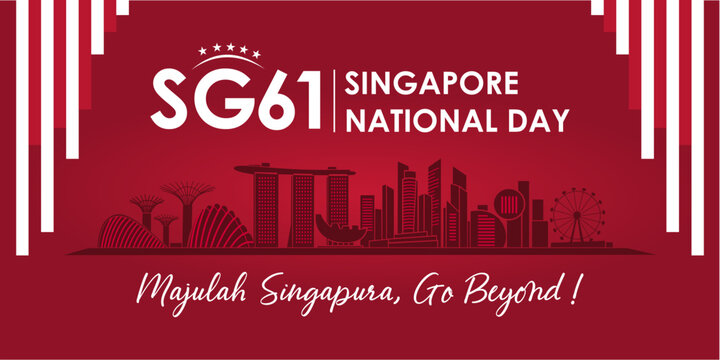 SG61 Singapore National Day 2026 Crimson Banner Template. Flat vector horizontal web header celebrating Singapore's 61st National Day, featuring a maroon skyline silhouette and geometric stripes. 
