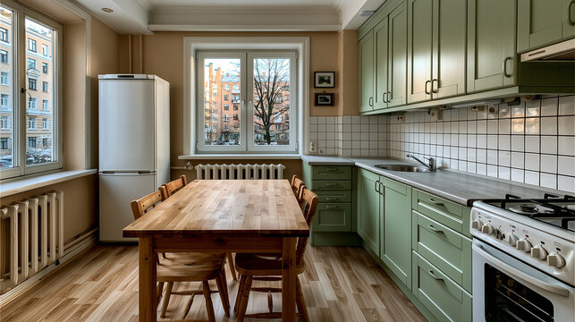 Post Soviet Apartment Kitchen With Green Cabinets and Dining Table