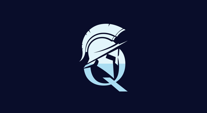 Stylized digital logo of a helmeted warrior with spear and shield, on dark background