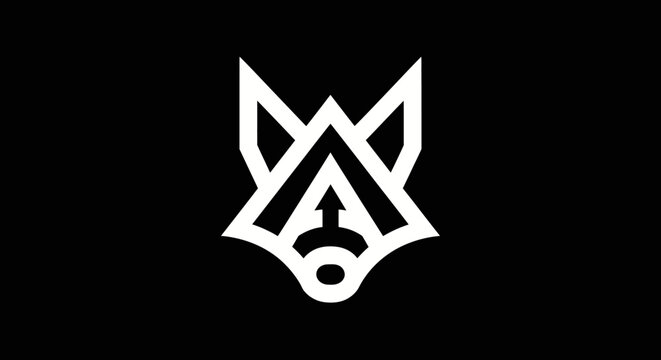 Minimalist geometric wolf face logo in white on black background, symmetrical design