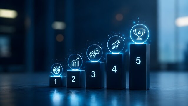 Five steps to business success milestone showing neon glowing icons for target strategy growth and achievement