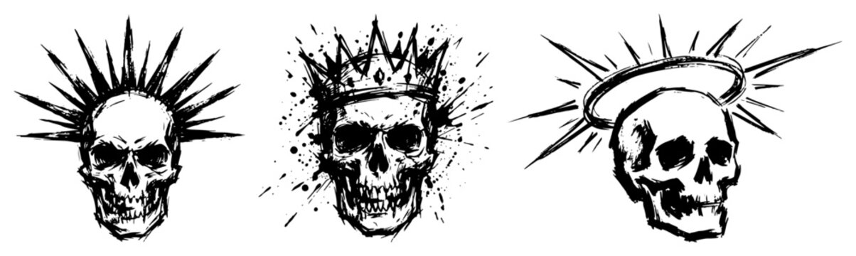 Human skulls with mohawk crown and halo in dark punk ink sketch style