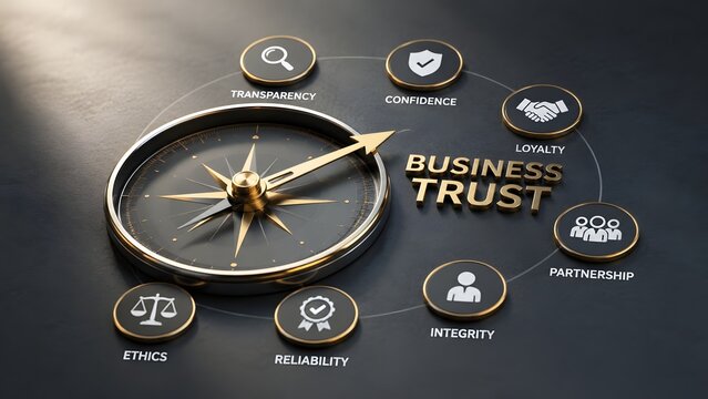 Business trust and corporate ethics compass pointing to core values like transparency integrity and reliability