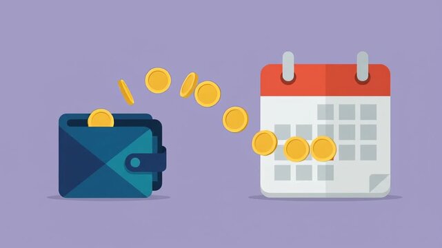 Financial planning illustration showing coins moving from a wallet to a calendar, symbolizing scheduled payments, recurring income, budgeting, and expense management, seamless looping vector video