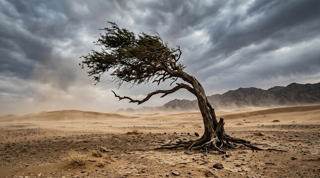 Lonely tree in a windy desert landscape