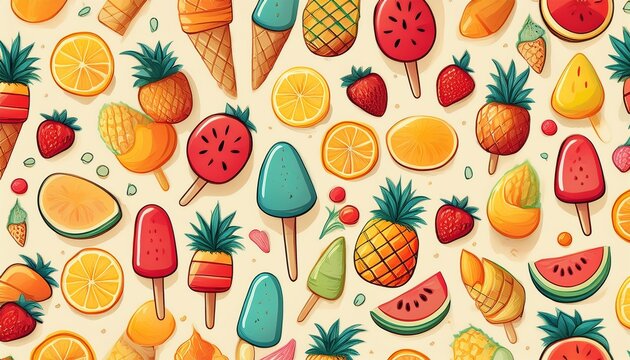 summer fruit and ice cream pattern cute seamless background with pineapple watermelon lemon orange strawberry ice cream cone popsicle