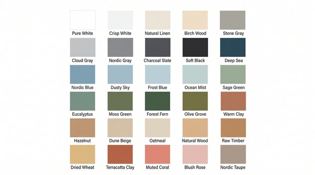 Neutral earthy tone color palette chart for minimalist design with swatches