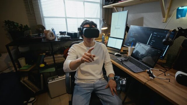 Young adult man wearing VR headset, gesturing in air while sitting at desk with computer monitors. Video is perfect for virtual reality development and tech startup commercials
